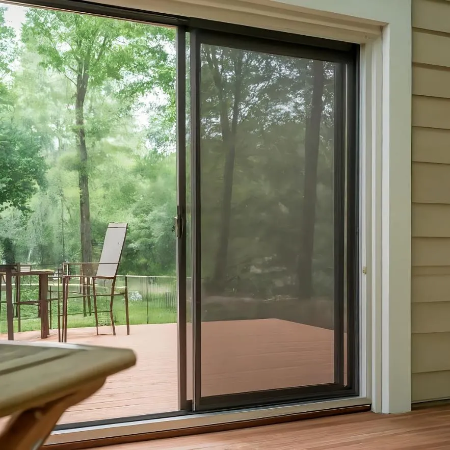 Dark-framed sliding patio doors beside a deck